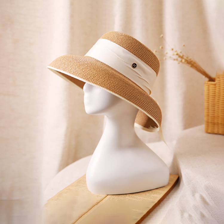 Hepburn-Sombrero de sol con lazo para mujer, sombrero de paja, sombrero de cubo, protector solar de color, sombrero de playa,: Gris oscuro