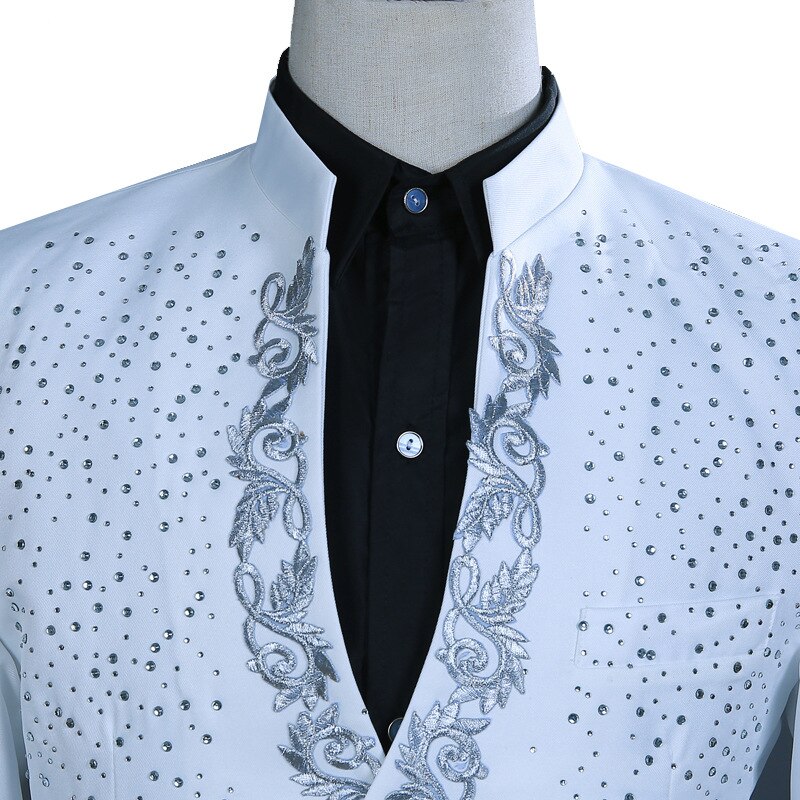 Witte Diamant Stand Kraag 2 Stuk Smoking Pak Mannen Borduren Party Wedding Suits met Broek Podium Zanger Kostuum Homme
