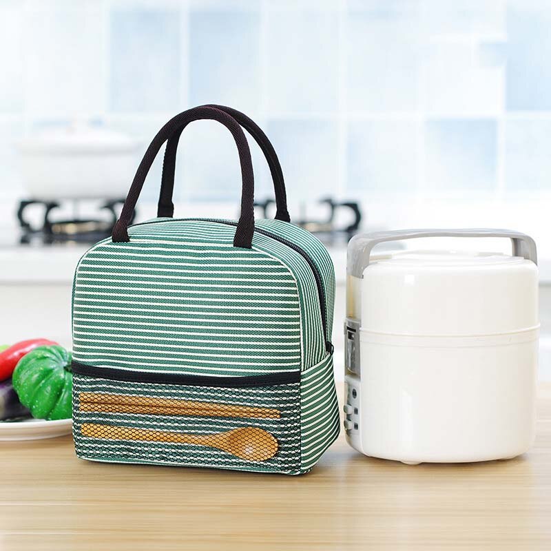 Bolsa térmica a rayas para niños, bolsas de almuerzo térmicas de aislamiento, portabotellas impermeable Madeira, Bolsa de almacenamiento de alimentos, Hobos: Green New Striped