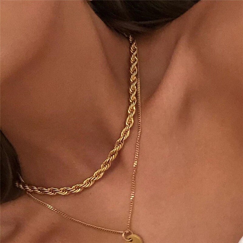 Must Have Minimalist Basic Gold Color Twisted Chain Choker Necklaces For Women Street Style Gold Jewelry Chain Necklace