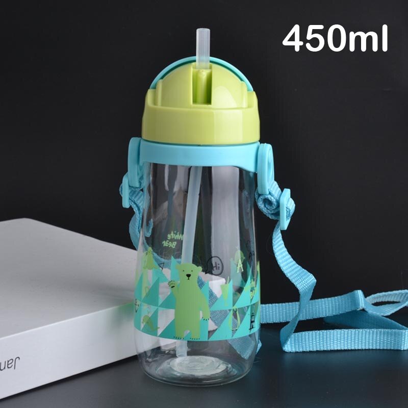 230/450 ml Peuter Zuigeling Water Fles Kinderen Babyvoeding Cup Leuke Cartoon Gedrukt Veilig Mooie Baby Water Cup met Stro: 450ml Blue Strap