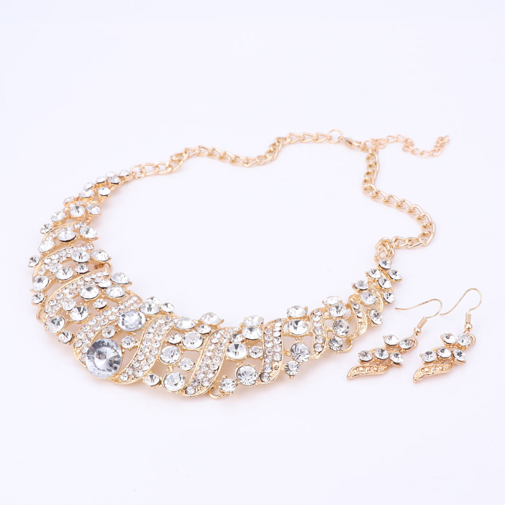 Mode Vrouwen Bruiloft Kettingen Sets Vintage Kraag Rhinestone Crystal Choker Kettingen Etnische Maxi Sieraden Sets: White Gold