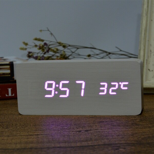 Mode Houten Wekkers Met Thermometer Eenvoudige Rechthoek Tafel Klokken Led Sound Control Desktop Decoratie Klok: white purple