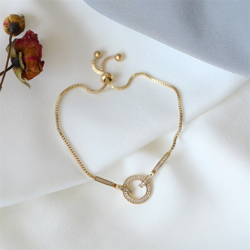 Fashionable Simple AAA Cubic Zirconia Pendant Bracelet for Woman Round Shiny Crystal Korean Bangle Female Jewelry: Gold