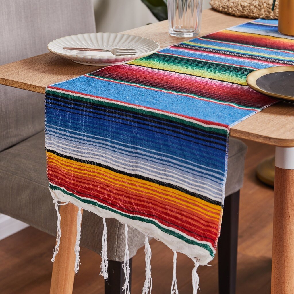 Regenbogen Tabelle Läufer Streifen Tabelle Läufer mit Quaste Mexikaner Tischdecke Pro Hochzeit Party Baumwolle Tischdecke Flagge 35x213cm: 130x170cm / See Blau