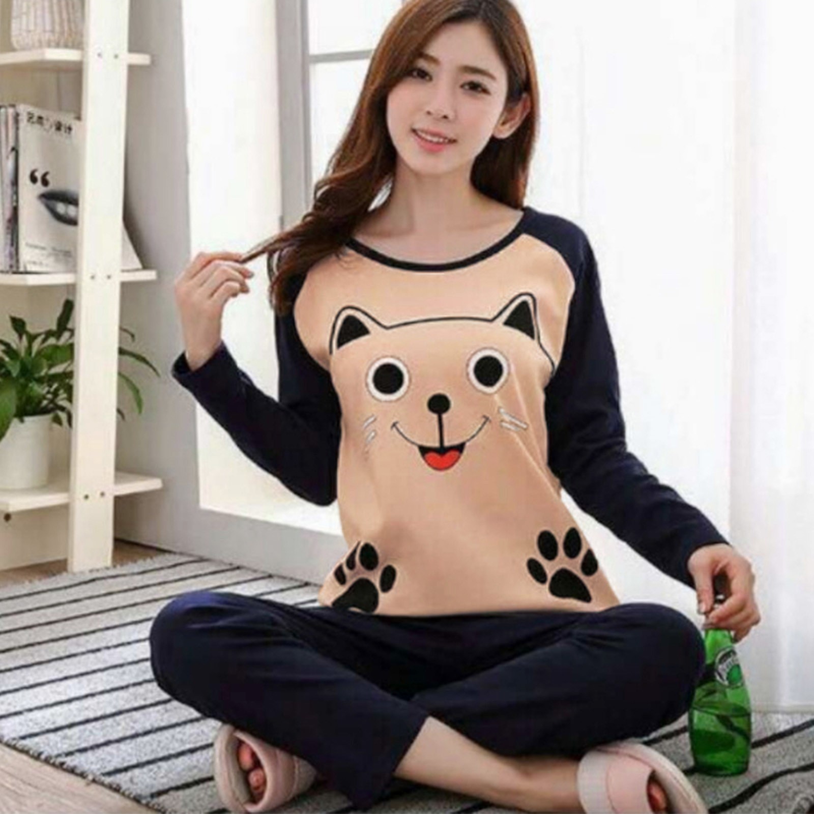 Pyjama 100% coton pour Femme, manches longues, joli imprimé, protection, ensemble 2 pièces, vêtements de nuit, automne et hiver: L