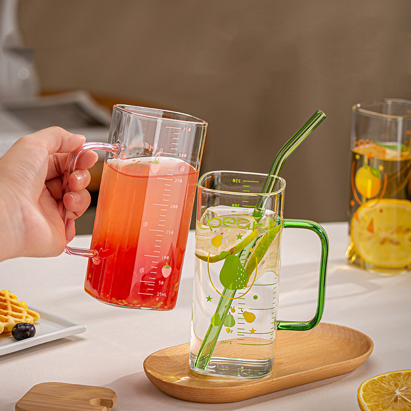 Taza de vidrio con pajita y báscula, vaso transparente con tapa y mango para café helado, taza para beber zumo, leche y té, 350ml
