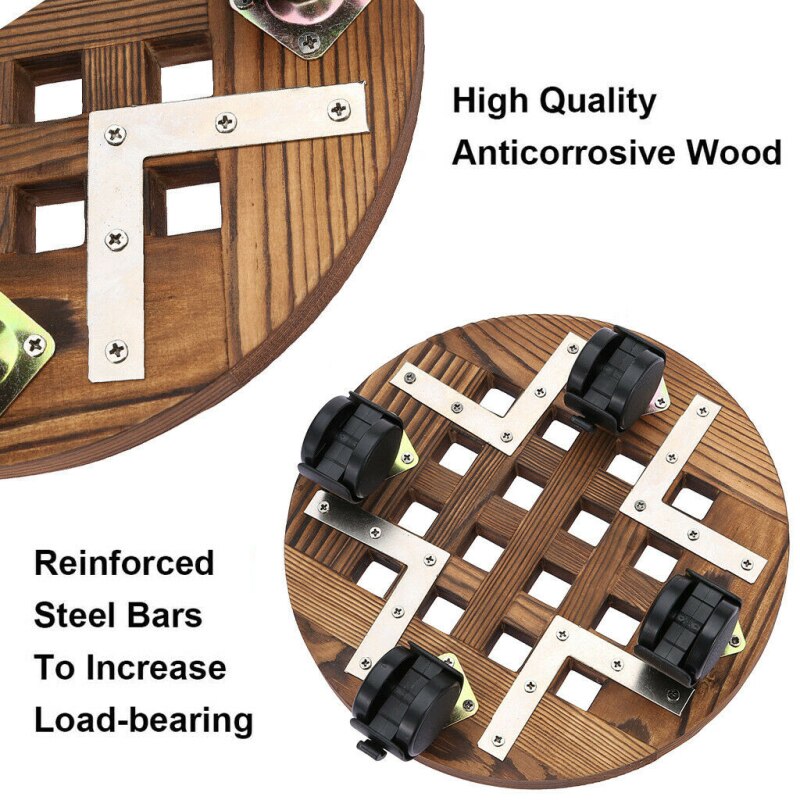 14 inch Round Wheeled Wooden Planter Caddy Plant Stand Indoor Outdoor Flower Pot Mover Trolley Plant Caddy Stand Wheels Rolling