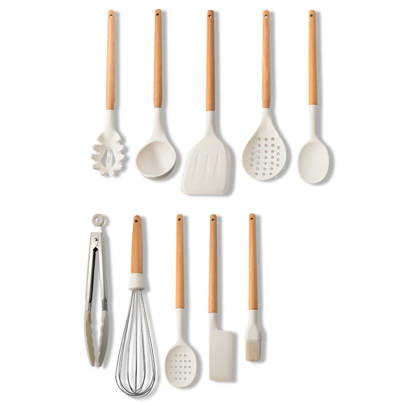 White Cooking Utensils set Silicone Kitchen Tools Set with Wood handle for Nonstick Cookware Kitchen set with Spatula/Spoons