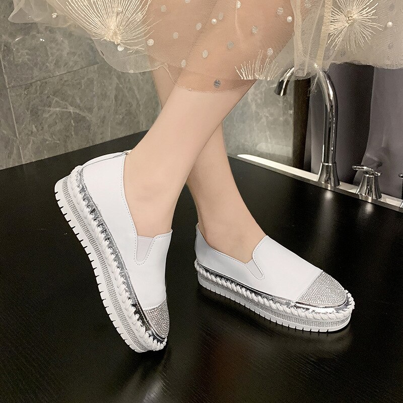 Fujin blanc chaussures décontractées femme nouvelles chaussures printemps chaussures fond épais respirant strass plat femmes chaussures simples