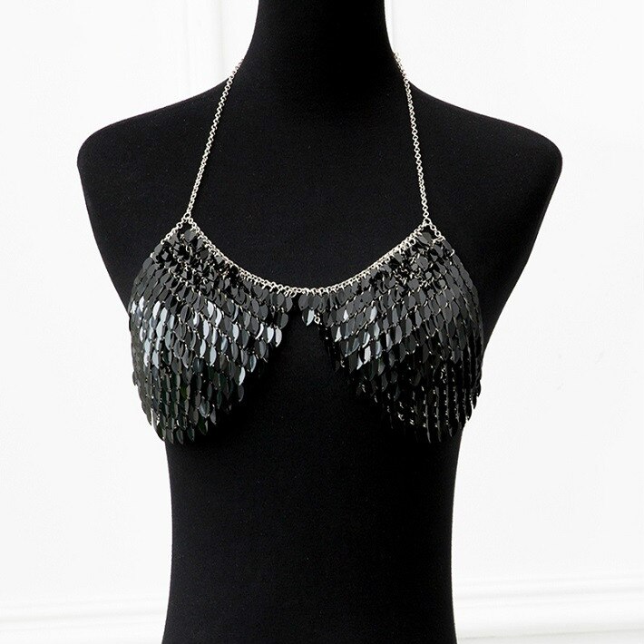 Women Sexy Handcrafted Chest Cover Up Bra Summer Beach Exaggerated Fish Scale Sequin Party Club Halter Bra Chain Sequined Top-40: 1