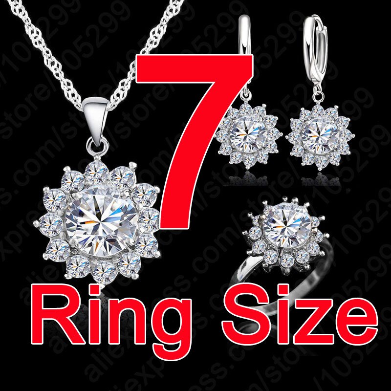 Flower Sun Cubic Zirconia Newest Genuine Silver Jewelry Sets Earrings Pendant Necklace Rings Size6-9: Size 7