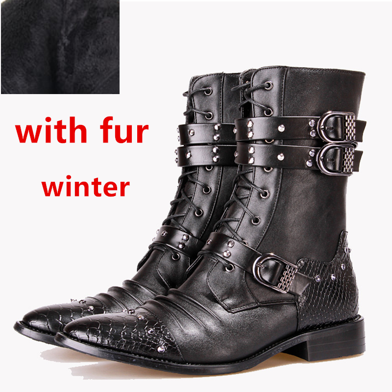 gotisch Punk Stiefel Männer Leder Pu Spitz Warmen Winter plüsch Schwarzes ist hingefallen Freizeitschuhe Männlichen Motorrad Botas hombre heißer: Schwarz mit Fell / 8,5