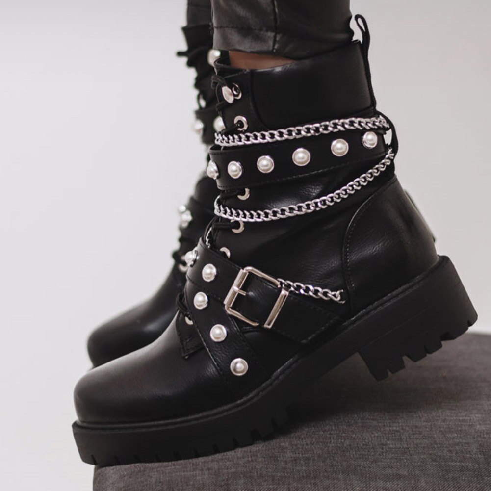 Botas BONJOMARISA a la con hebilla y perlas para mujer, botas de tacón cuadrado con cadena para otoño e invierno, zapatos de plataforma para mujer