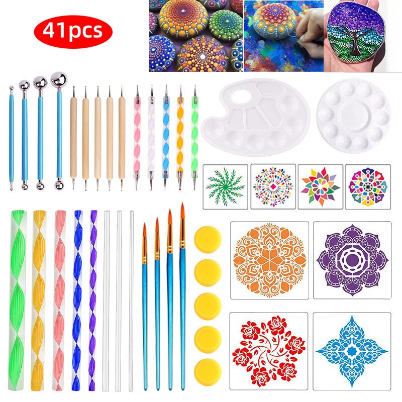 Diy Steen Mandala Puntjes Gereedschap Voor Schilderen Rock Steen Pen Embossing Starter Tekening Stencil Template Borstel Lade Kit: 41pcs