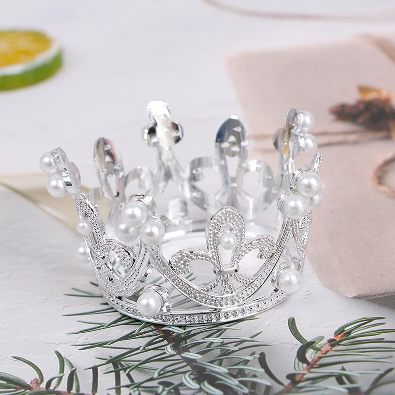 1PC Mini Crown Cake Topper Romantic Pearl Garland Happy Birthday Children Hair Ornaments Wedding Cake Decoration Favors Party: Silver