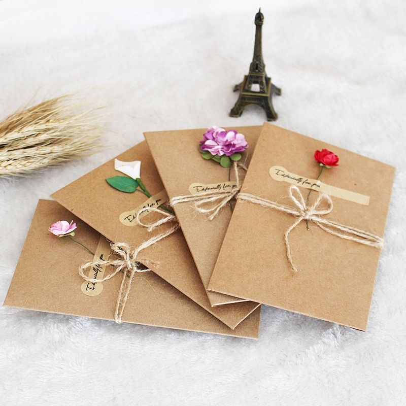 5pcs Vintage DIY Kraft Paper Invitation Greeting Card with Envelope Handmade Dry Flower Wedding Party Decors Supplies