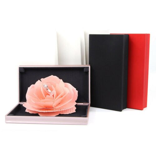 Mooie 3D Pop Up Rose Ring Box Bruiloft Engagement Sieraden Opslag Rechthoekige Voorstel Roterende Rose Flower Ring Box