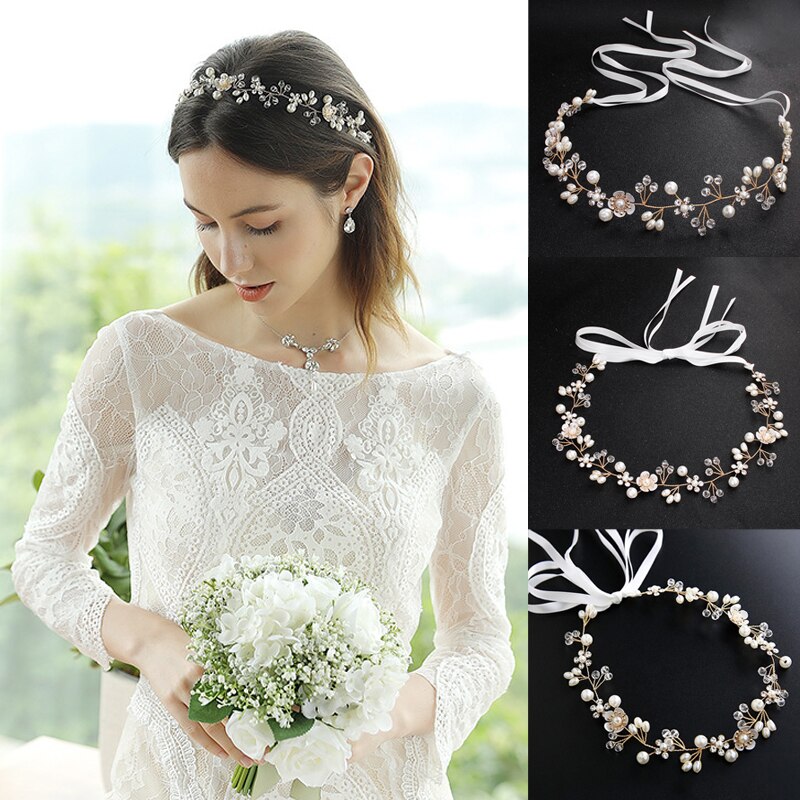 Crystal Bloemen Parel Hoofdband Voor Bridal Bruiloft Accessoires Twisted Verstelbare Lint Sieraden Romantische Haarband Hoofddeksels
