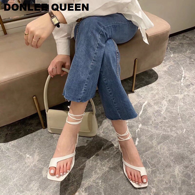 Sandalias de tacón bajo y punta cuadrada a la de para mujer, sandalias de gladiador con cordones, sandalias con correa en la espalda, zapatos de verano informales para mujer, sandalias de playa