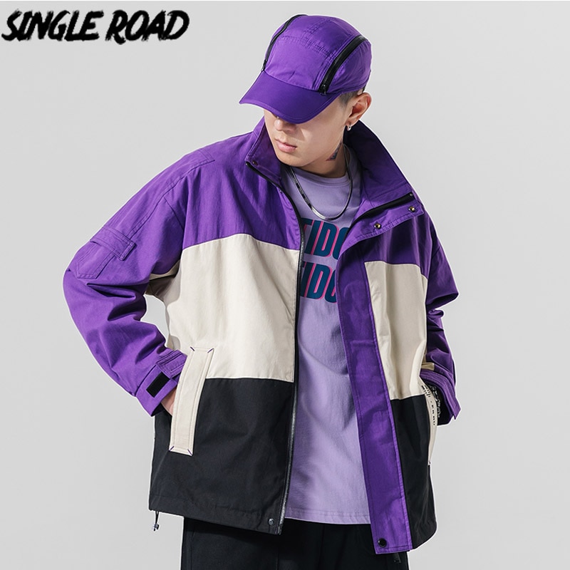 Singleroad herenkleding jas heren paars patchwork windjack hiphop japanse streetwear koreaanse stijl jassen voor heren