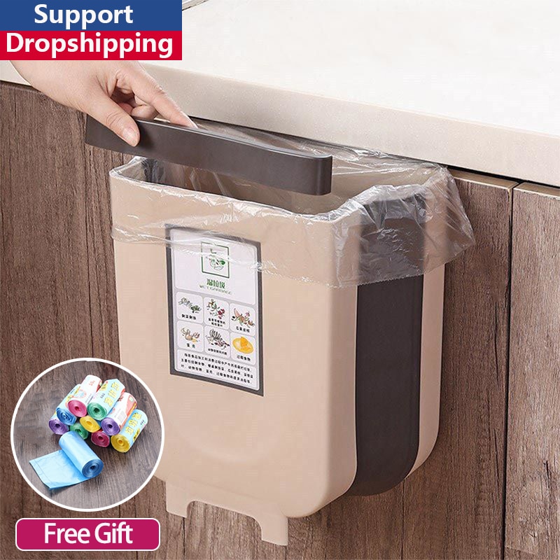 Folding Waste Bins 9L Wall Mounted Kitchen Garbage Can Hangable Kitchen Door Back Cabinet Trash Can Car Waste Storage Bucket