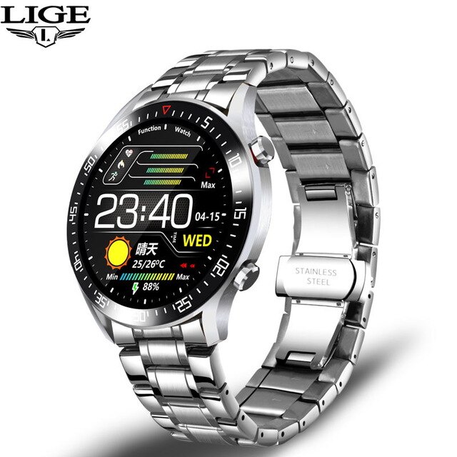 Lige tela de toque completa relógio inteligente masculino smartwatch para android ios freqüência cardíaca monitor pressão arterial à prova dwaterproof água relógios fitness: Silver