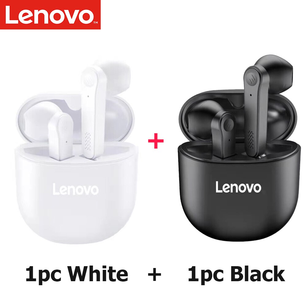 Lenovo PD1 Bluetooth 5.0 Earphones TWS Wireless Headphone Touch Control Semi-in-Ear Earbuds Stereo Bass Music Headset with Mic: White and Black