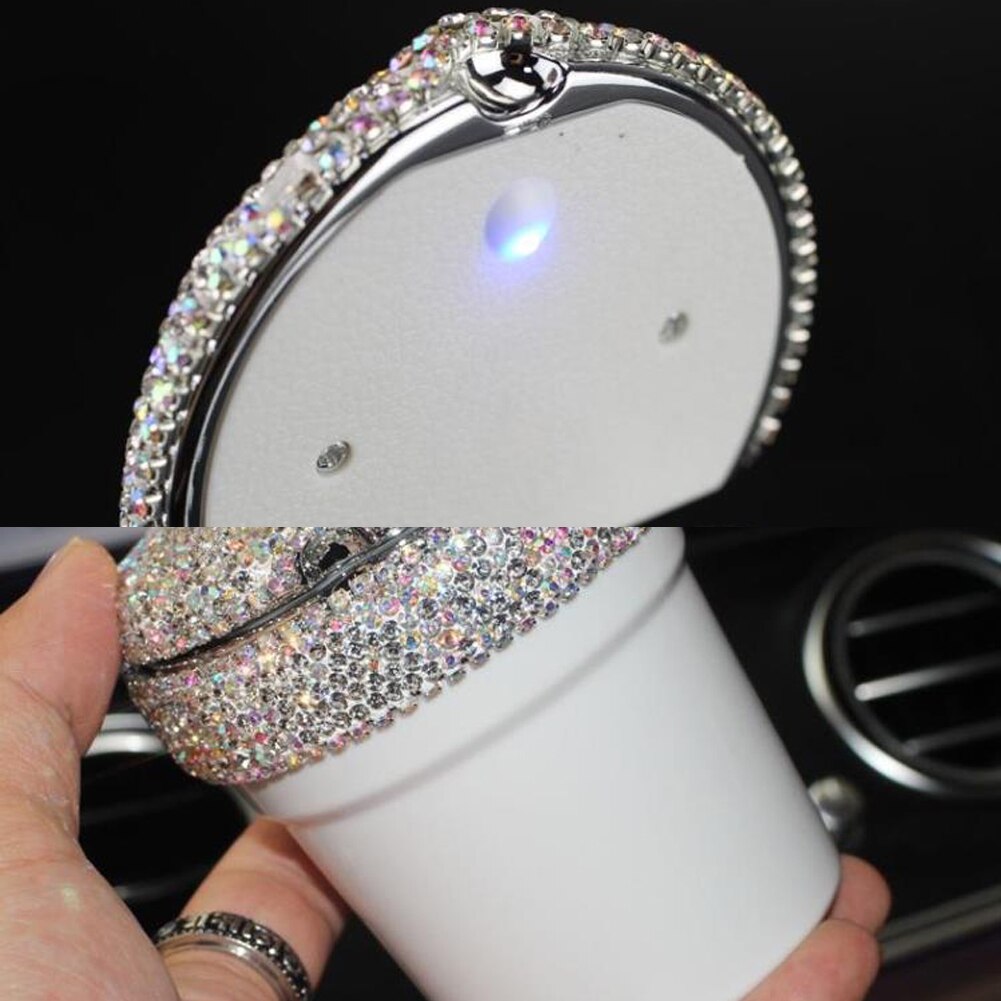 Draagbare auto-asbak met led-lichtjes en bekerhouder met strass-steentjes