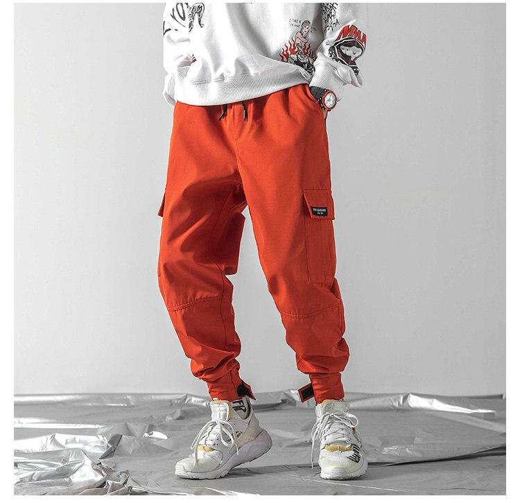Män svarta joggingbyxor höst vinter herr stora fickor harem cargo byxor herr streetwear overall träningsbyxor byxor: S / Orange