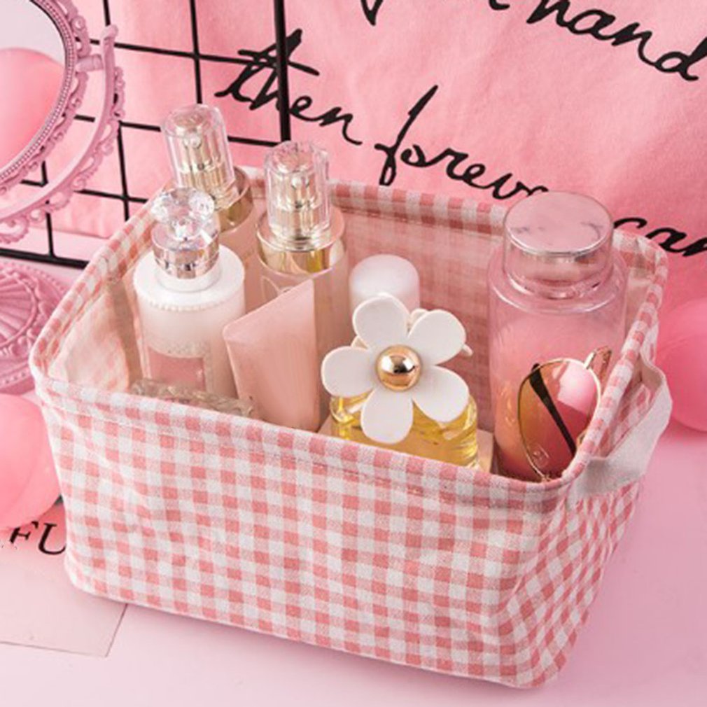 Desktop Girly Small Objects Cute Pink Plaid Fabric Storage Basket Cosmetics Sundries Storage Basket Snack Box