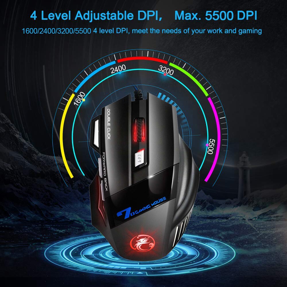 Mouse gamer ergonômico para jogos, com fio USB, 7 botões, LED 5500 DPI, uso em computador para gaming X7, silencioso, com luz de fundo, para PC e laptop