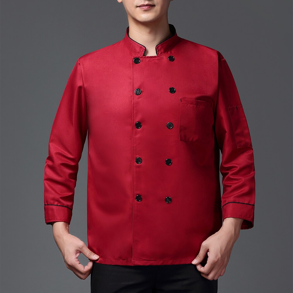 breathable unisex casual chef jacket double breasted kitchen catering restaurant service work uniform: Red chef suit / M