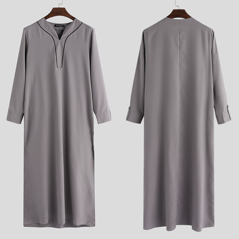 INCERUN męskie ubrania muzułmańskie Jubba Thobe z długim rękawem V Neck Casual Arabia saudyjska mężczyźni szaty Abaya dubaj Thobe arabski islamski Kaftan: Gray / S