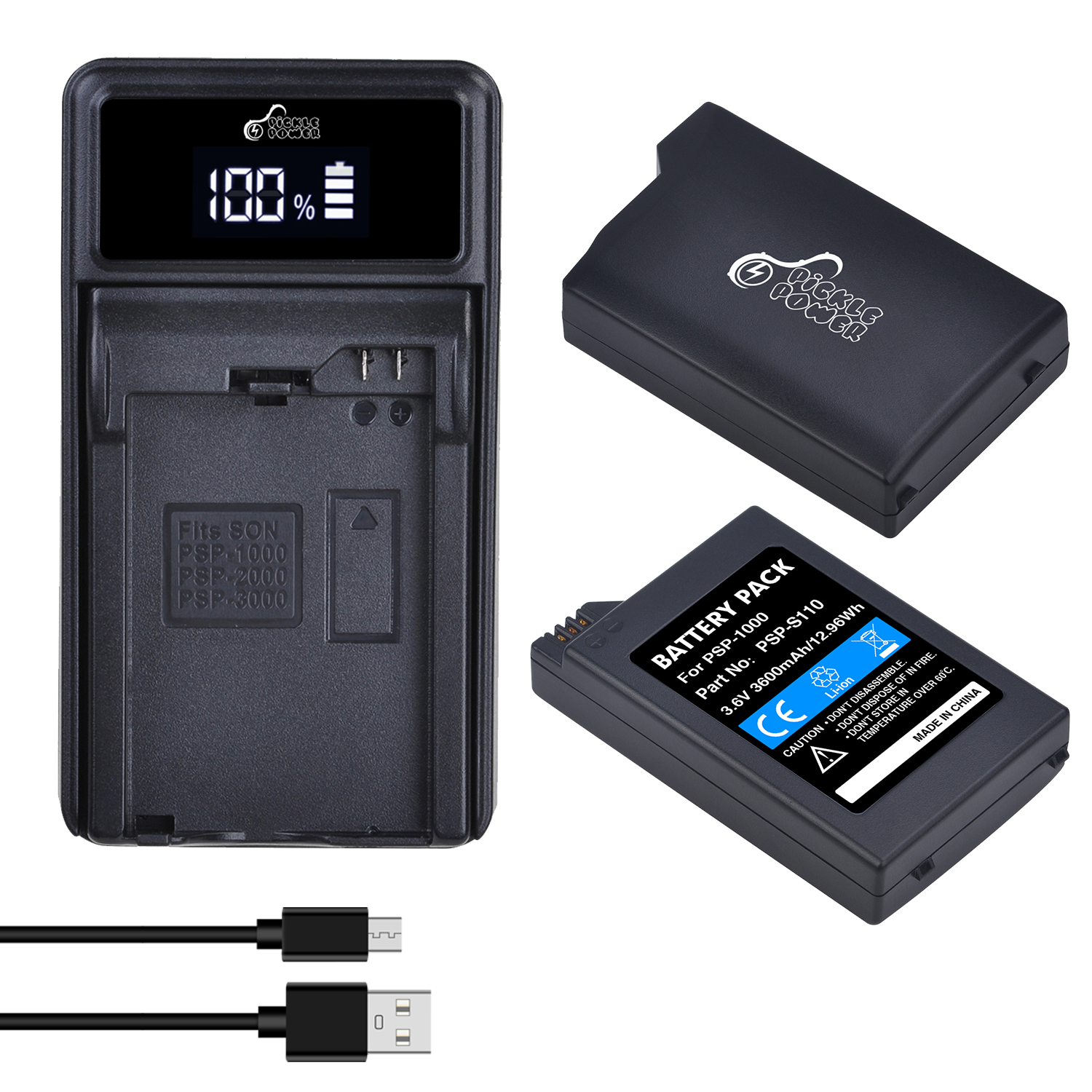 Pickle Power-Batería de 3600mAh para Sony PSP 1000 PSP-S110, Cargador USB LED para consola portátil Sony PSP 1000, PlayStation: 2 battery 1 charger