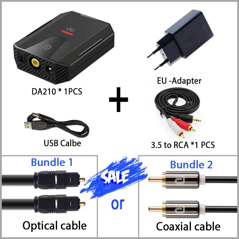 Digitale Audio Analoog Converter Bluetooth 5.0 Optical Toslink Coaxiale Signaal Naar Rca R/L Audio Decoder Spdif Atv dac Versterker: DA210 EU / Bundle 1