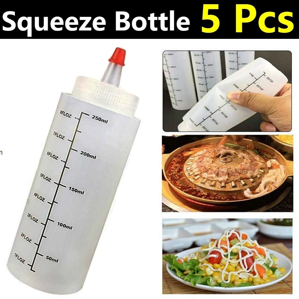 5 Stuks 250Ml Plastic Naald Neus Fles Met Schaal Squeeze Fles Met Lekvrije Cap Saus Fles salade Fles Squeezable Fles