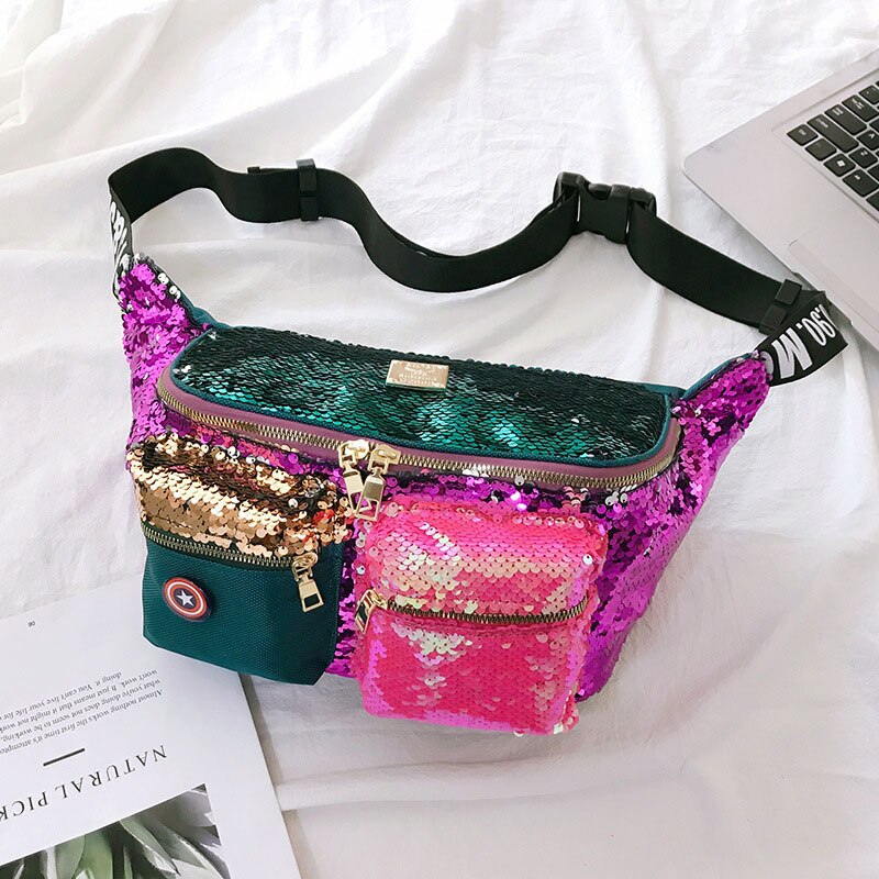 Sequins Hip hop Fanny pack For Women Waist Bag Large capacity Crossbody Chest Bags Female Waist Belt Bag Waist pack: B  Waist Bag