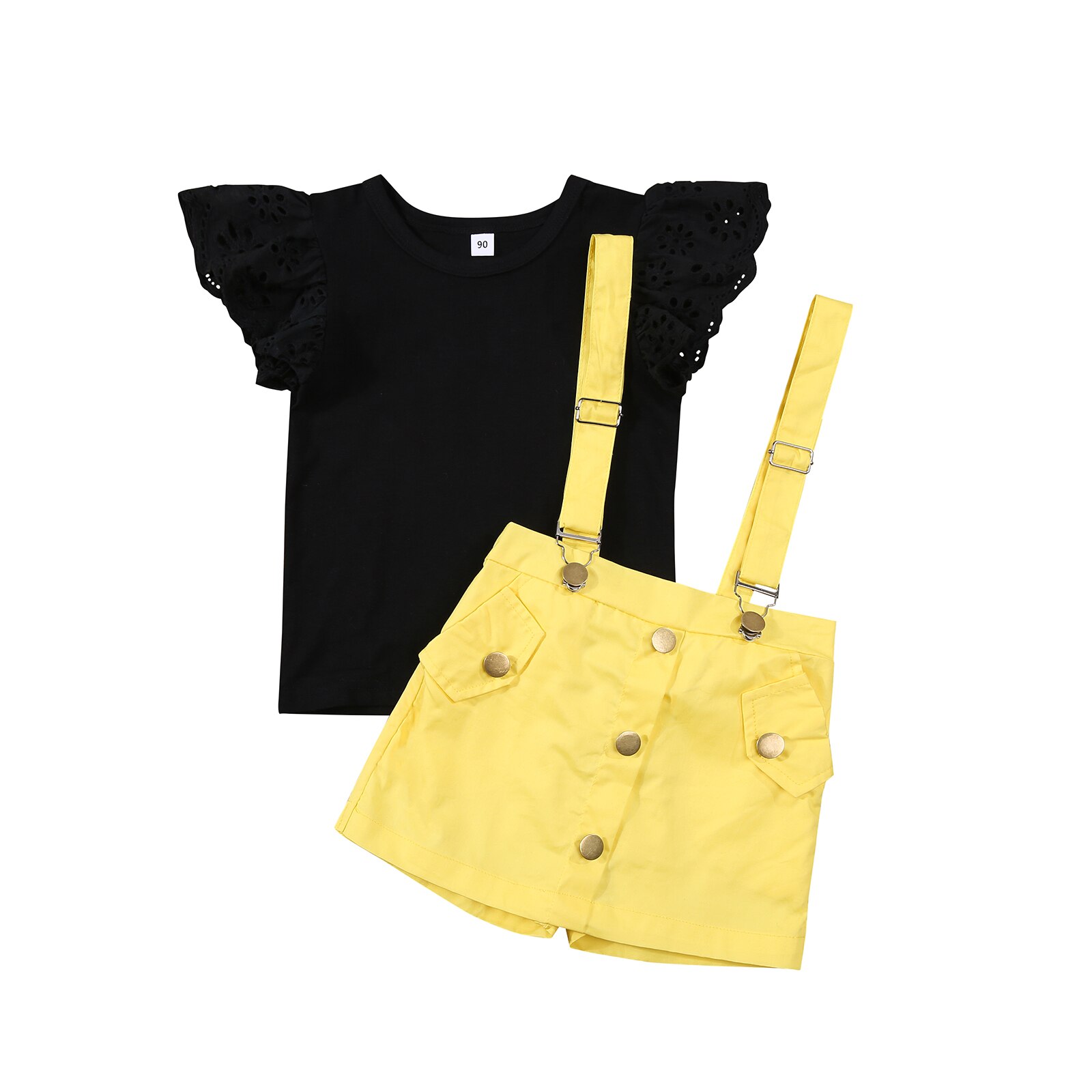 Camicia a maniche corte per bambini neonate Fly + bretelle culotte, decorazione tascabile stile semplice abbigliamento estivo 2-7T: YELLOW / 4T