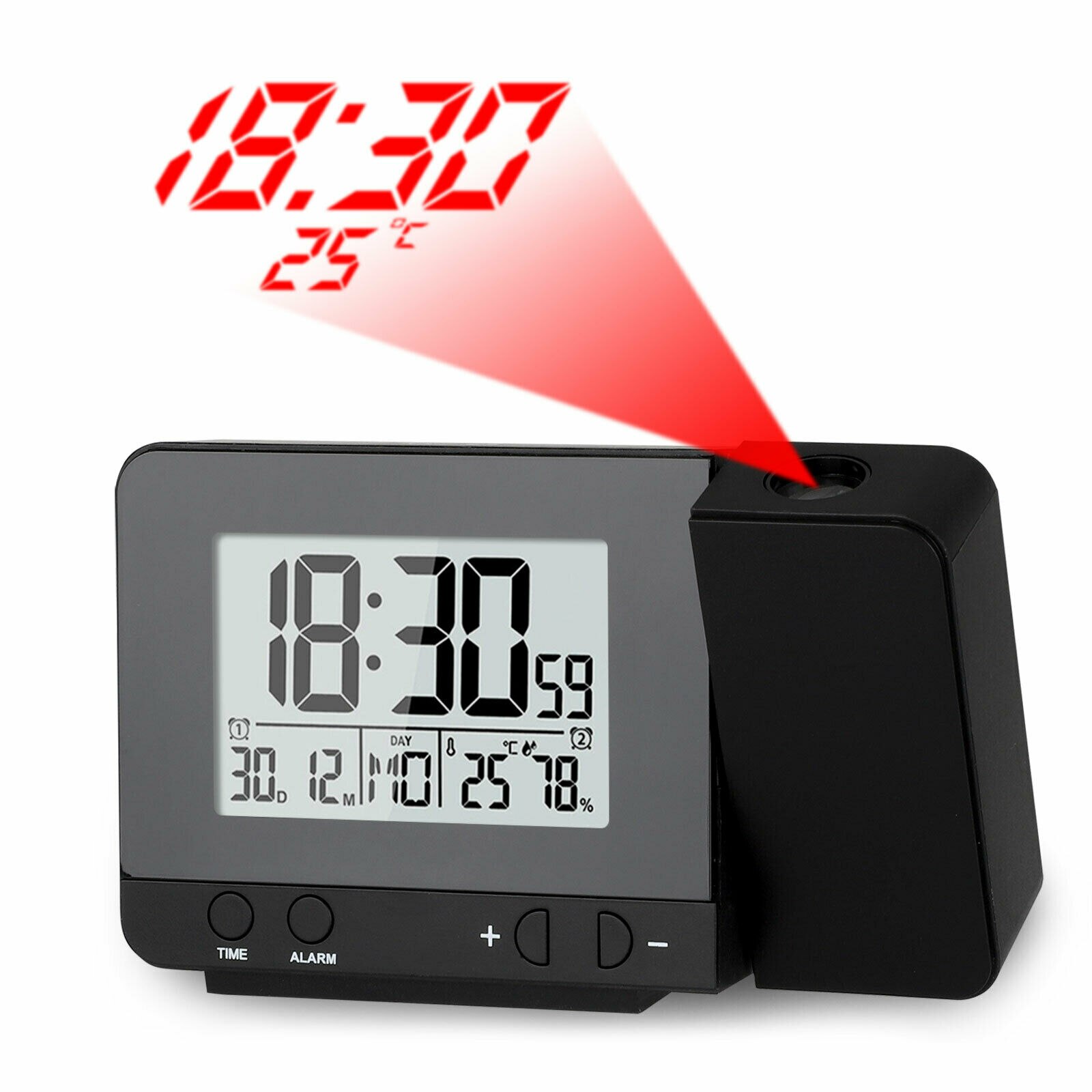 Réveil numérique LED avec projecteur, thermomètre de température, affichage de l'heure et de la Date, calendrier de Projection, chargeur USB, horloge de Table: Black Upgrade