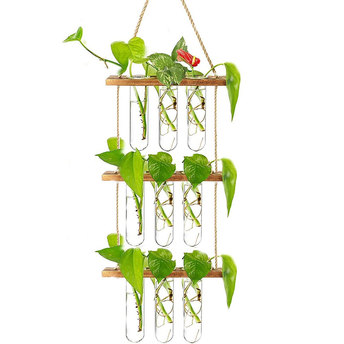 Ins – jardinière murale en verre, Terrarium, Vase avec support de Tube à essai en bois pour la Propagation de plantes hydroponiques: Triple-layer Retro