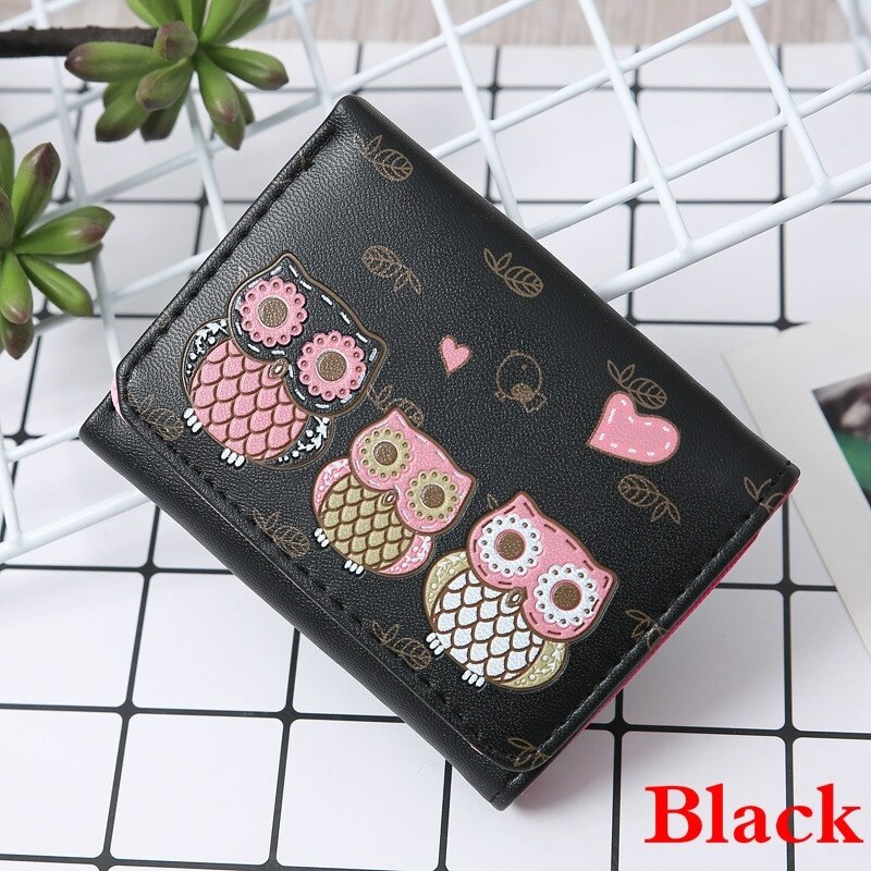 Women Cute Mini Wallet Owl Pattern Coin Purse Students PU Leather Card Bag womens wallets and purses: Black