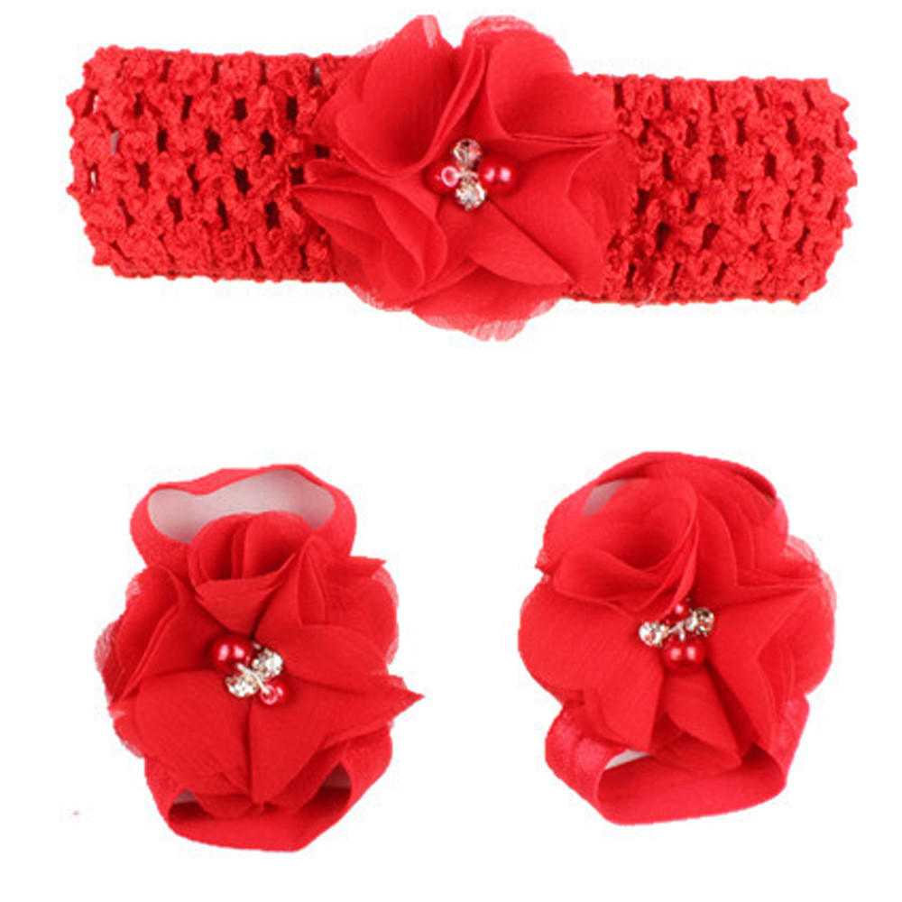 3 Pieces A Set Cute Baby Girls Toddler Flower Hairband Headband Flower Barefoot Sandal / Shoes Set Children Accessories: red