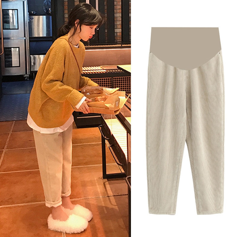 Maternity Clothes Autumn Winter High Waist Belly Lift Pants Slim Solid Corduroy Casual Pants Pregnant Woman Wide Leg Trouser: Apricot / M