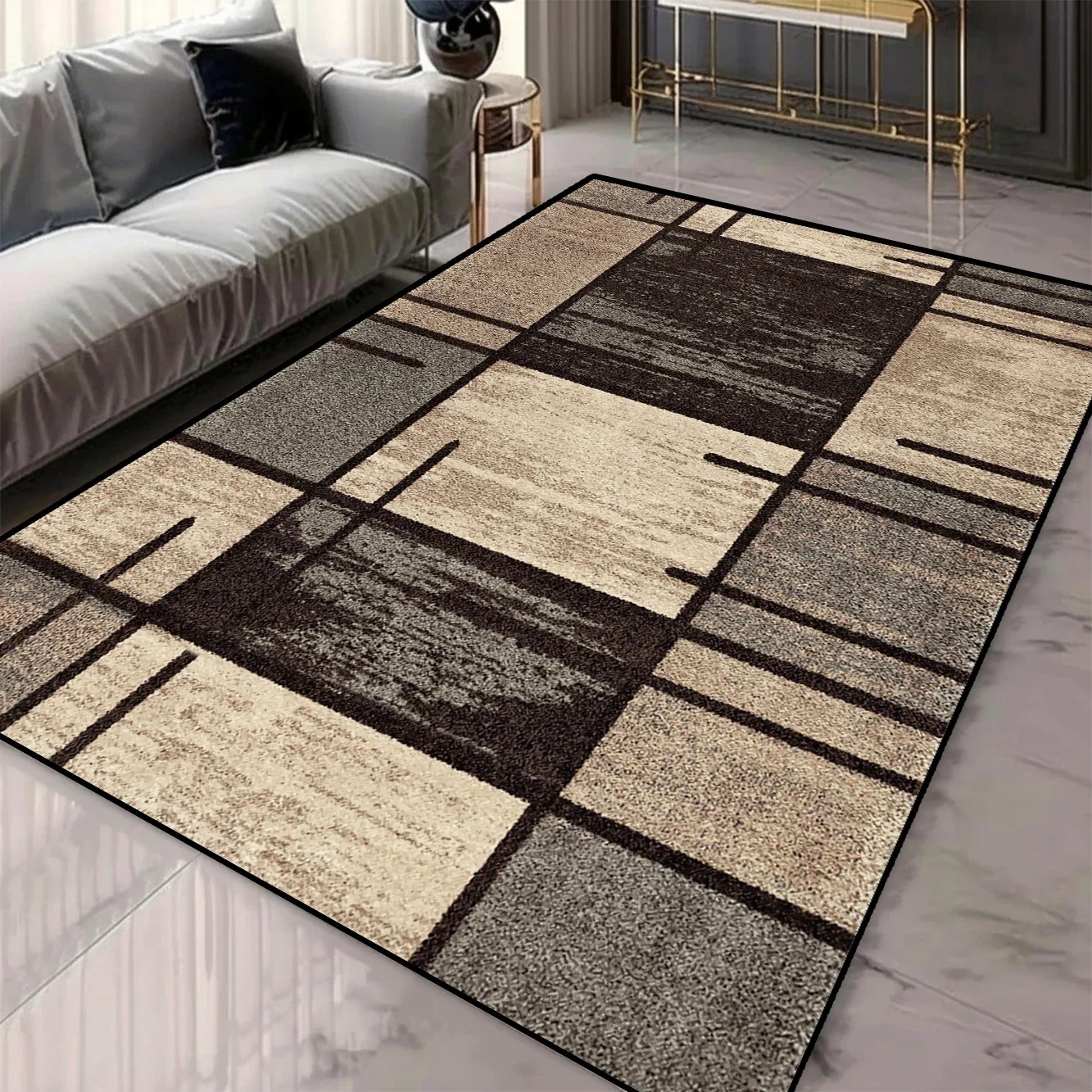 Tapis de zone 3D à motifs géométriques pour décoration de salon et de chambre à coucher Tapis lavables avec support antidérapant Tapis d'inspiration européenne
