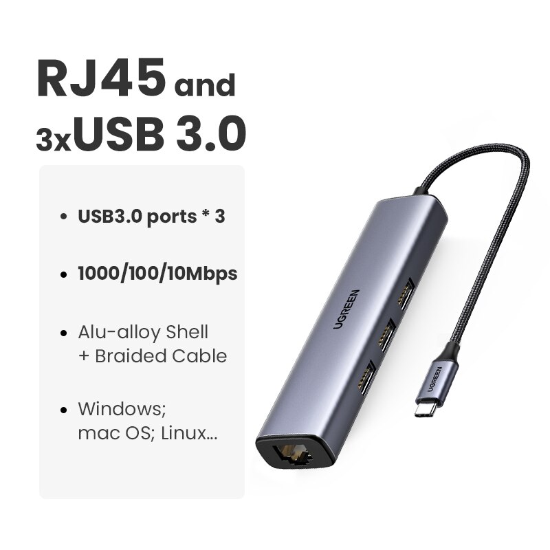 UGREEN USB Ethernet USB-C Ethernet Adapter HUB 1000Mbps for Laptop Macbook Samsung Dell Xiaomi USB Ethernet Adapter Network Card: RJ45 and 3xUSB 3.0