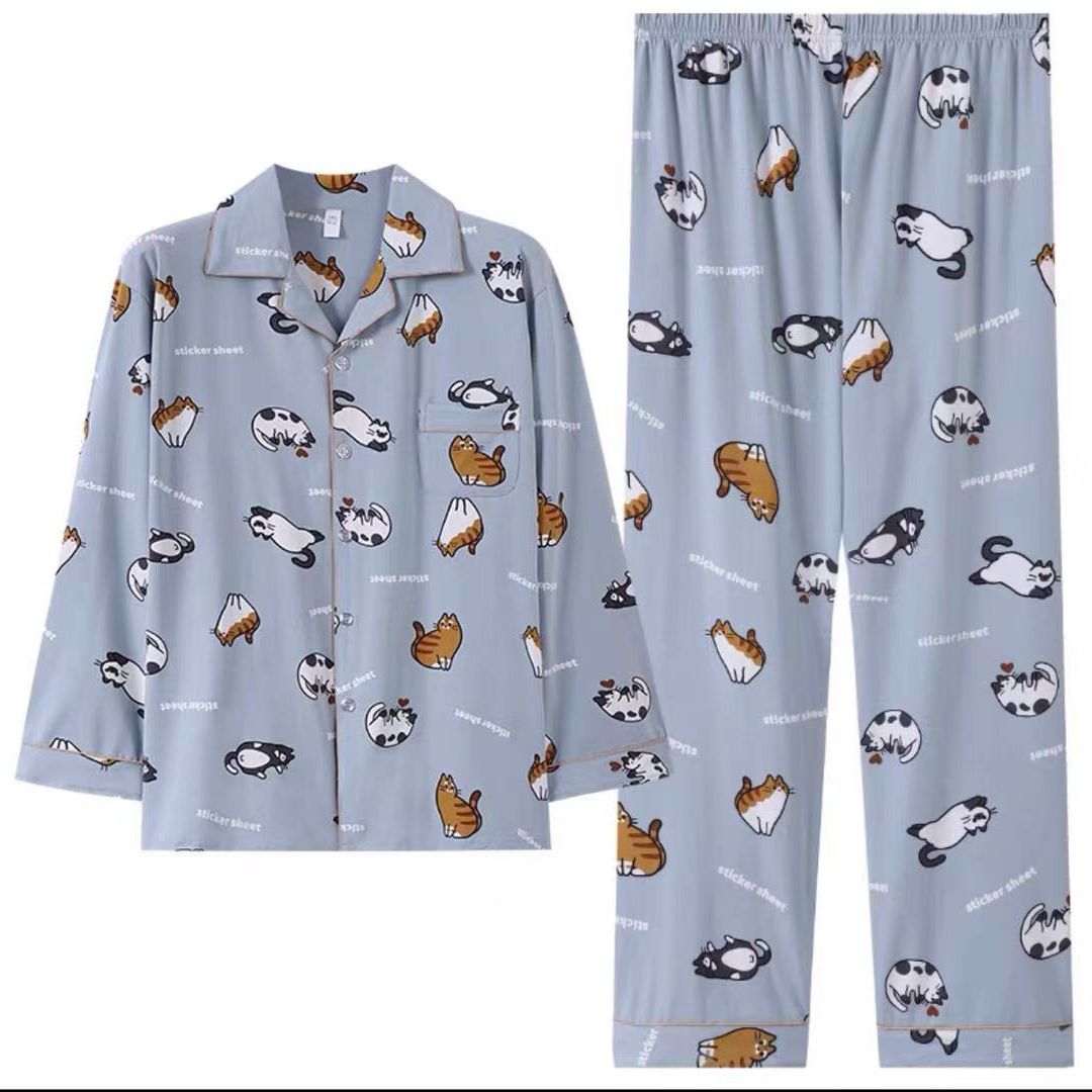 Pijama de algodón de gran tamaño para hombre, ropa de dormir de manga larga con estampado de dibujos animados, traje para el hogar, talla 6XL: (MEN) / XXL(70-85kg)