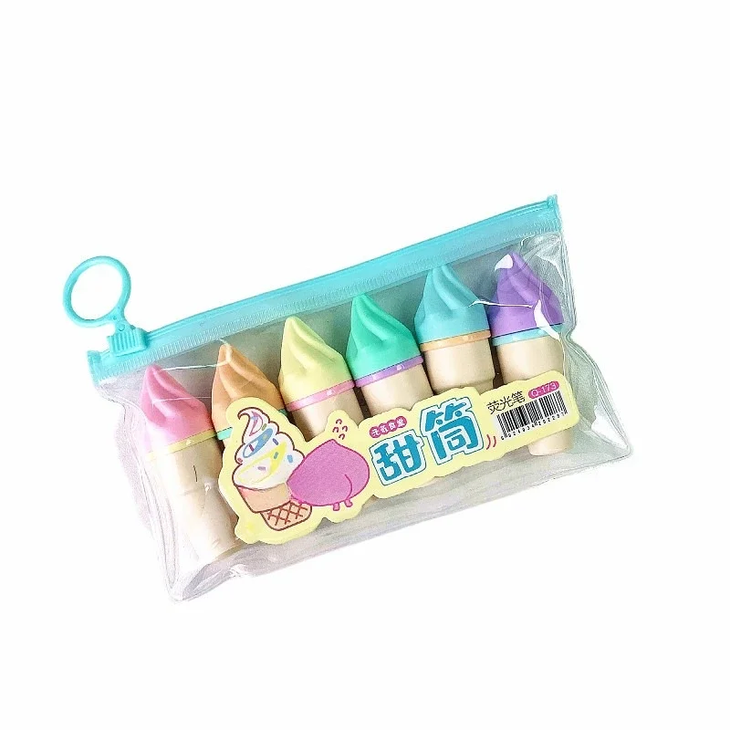6Pcs Ice Cream Highlighters Set Mini Marker Pens Kids Stationery Students Drawing Painting Tool Student School Supplies: Default Title