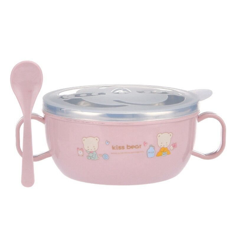 Cuenco de acero inoxidable sin BPA para bebé, juego de cuchara aislante, vajilla para niños, cuenco de comida con estampado de dibujos animados: P