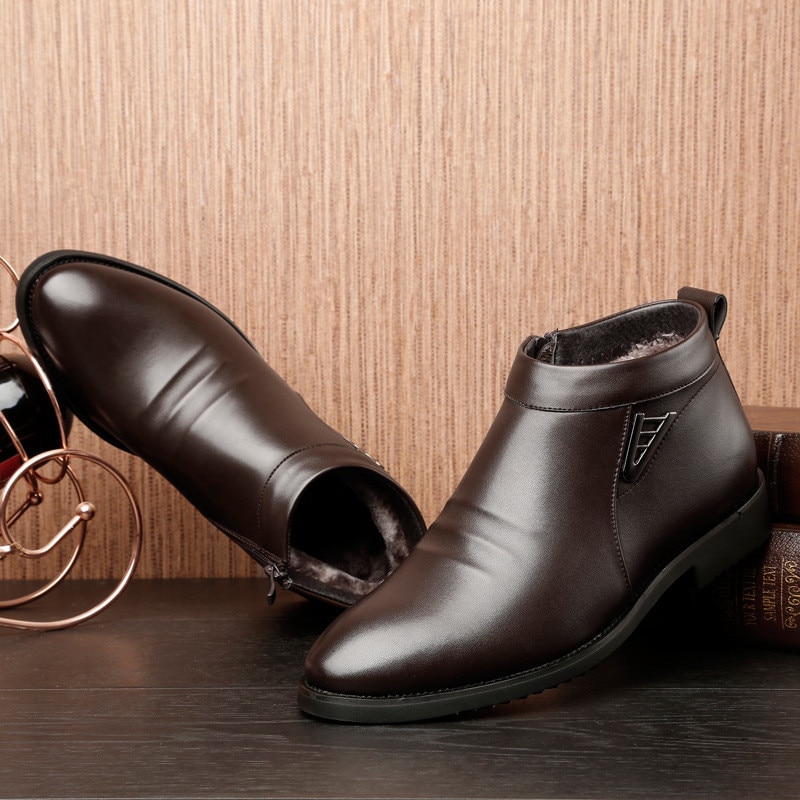 Företag chelsea boots herr vinter ankel boots herr läder dragkedja sida tjock konstgjord päls snö boots herr vinter klänning skor